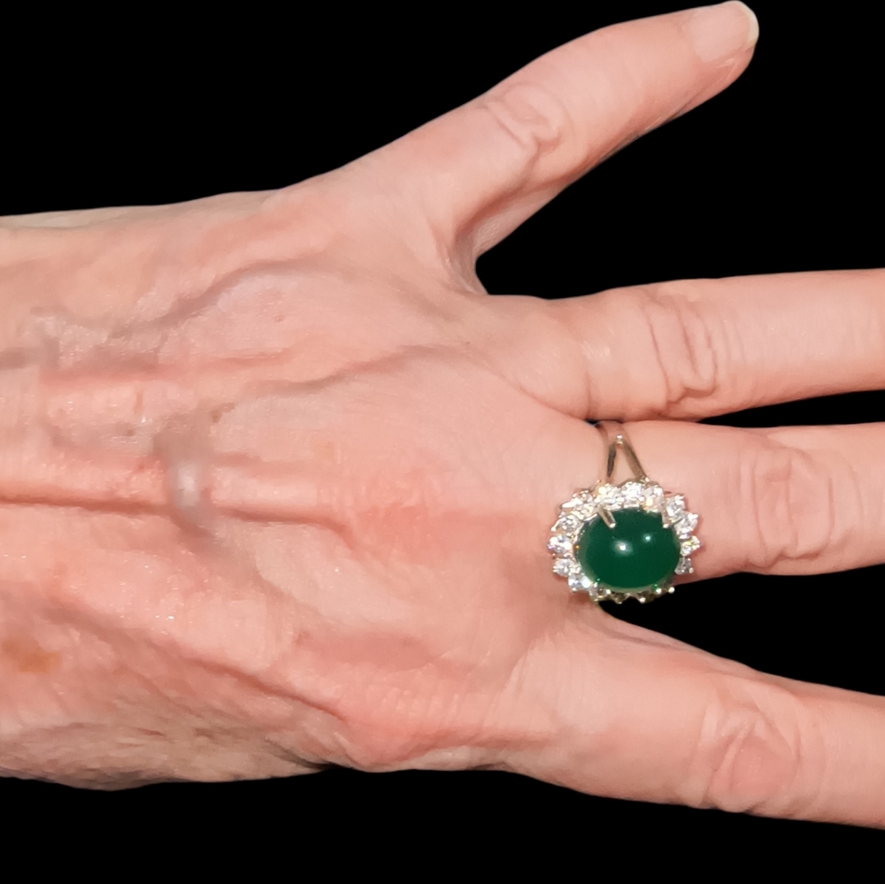 Sterling Silver Chrysoprase Halo Ring with Sparkling Clear Stones, Split Shank - Picture 6 of 11